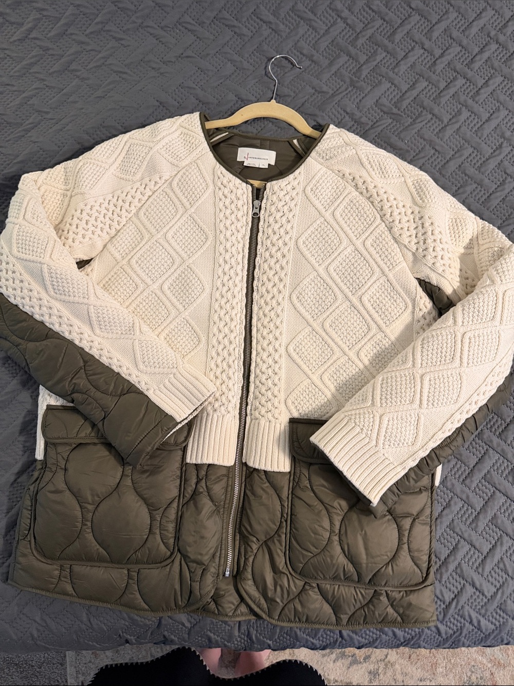 Anthropologie Two-Tone Quilted & Cable-Knit Jacket - Cream & Olive